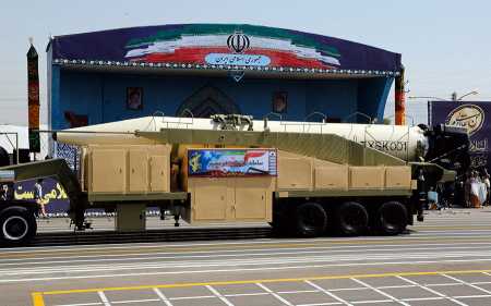 The new Iranian medium-range Khoramshahr ballistic missile is displayed during a military parade September 22, 2017 in Tehran. The missile is likely derived from North Korea’s Musudan, which itself has origins in Soviet Union technology. (Photo: STR/AFP/Getty Images)