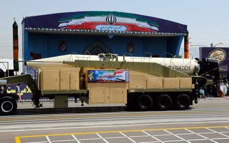 The new Iranian medium-range Khoramshahr ballistic missile is displayed during a military parade September 22, 2017 in Tehran. The missile is likely derived from North Korea’s Musudan, which itself has origins in Soviet Union technology. (Photo: STR/AFP/Getty Images)