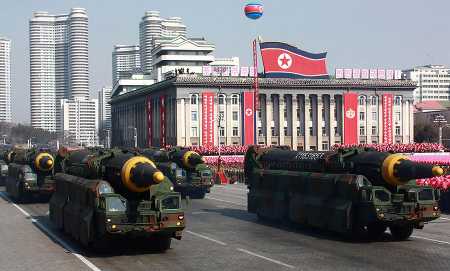 This photo from North Korea's official Korean Central News Agency shows Hwasong-12 ballistic missiles during a military parade February 8 in Pyongyang. The history of leakage of sensitive technology from China to North Korea and Iran over many years leave questions unanswered regarding Beijing’s flawed implementation of its export control system. (Photo: KCNA VIA KNS/AFP/Getty Images)