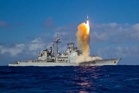 A Standard Missile-3 (SM-3) Block 1B interceptor is launched from the USS Lake Erie during a test in the mid-Pacific on May 16, 2013. The SM-3 Block 1B intercepted the target missile launched from the Pacific Missile Range Facility at Kauai, Hawaii. The ship, equipped with the second-generation Aegis BMD weapon system, detected and tracked the target using the onboard SPY-1 radar, visible to the left of the base of the plume. (Photo: Missile Defense Agency)