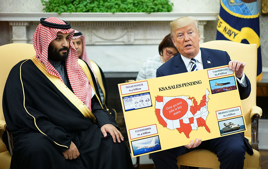 President Donald Trump makes a point about the U.S. economic benefits from arms sales during an Oval Office meeting March 20 with Crown Prince Mohammed bin Salman of Saudi Arabia.  (Photo: MANDEL NGAN/AFP/Getty Images)