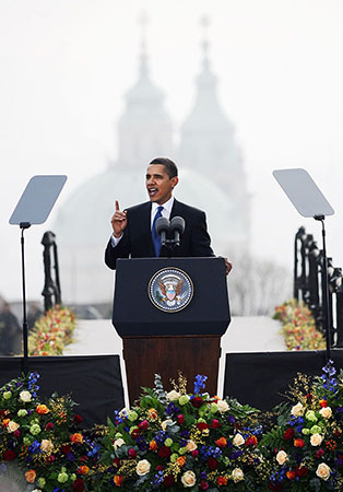 President Barack Obama reaffirms U.S. support for the NPT and steps to achieve “the peace and security of a world without nuclear weapons” on April 5, 2009 in Prague. (Photo: Joe Klamar/AFP/Getty Images)