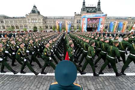 Russian servicemen march in Red Square May 6 during a rehearsal for the Victory Day military parade in Moscow. Russia marked the 73rd anniversary of the Soviet Union's victory over Nazi Germany in World War II on May 9. (Photo: Kirill Kudryavtsev/AFP/Getty Images)