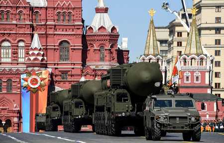 Russian Yars RS-24 intercontinental ballistic missile systems roll through Red Square during the Victory Day military parade in Moscow on May 9. (Photo: Kirill Kudryavtsev/AFP/Getty Images)