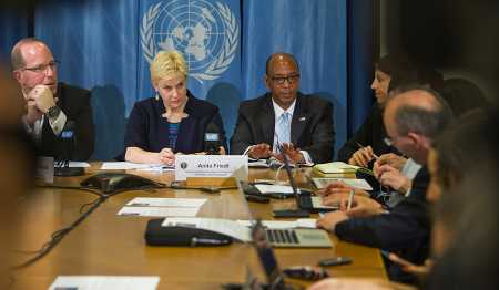 U.S. officials brief reporters April 26 at the 2018 NPT preparatory conference. The speakers (left to right) were Christopher Ford, assistant secretary of state for international security and nonproliferation; Anita Friedt, acting assistant secretary of state for arms control, verification and compliance; and Robert Wood, U.S. ambassador to the Conference on Disarmament. (Photo: Eric Bridiers/U.S. Mission)