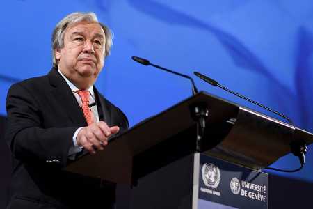 United Nations Secretary-General António Guterres presents a new UN strategy for disarmament in a speech at the University of Geneva May 24. (Photo: Fabrice Coffrini/AFP/Getty Images)