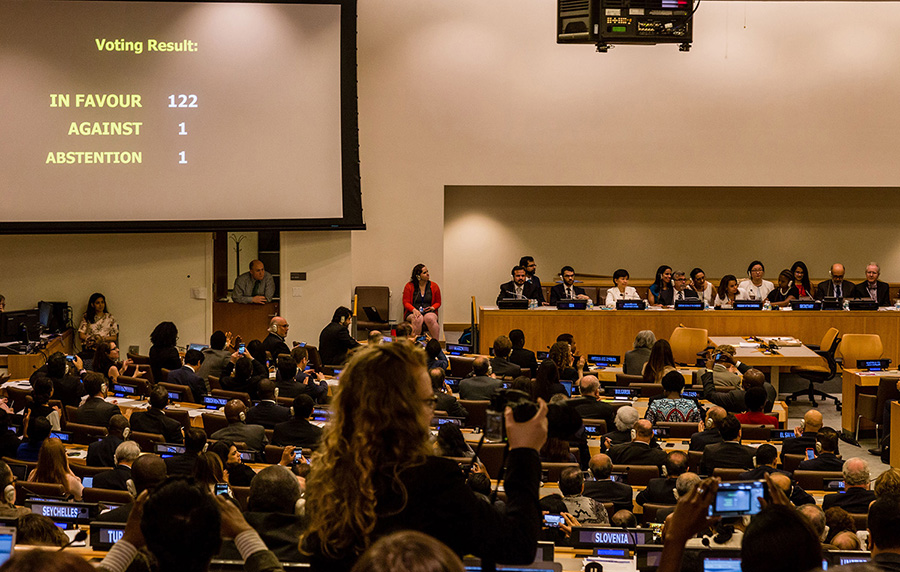 The Treaty on the Prohibition of Nuclear Weapons was adopted July 7, 2017 with 122 states voting in favor, one opposed, and one abstention. The treaty opened for signature September 20, 2017. (Photo: Ralf Schlesener/ICAN)
