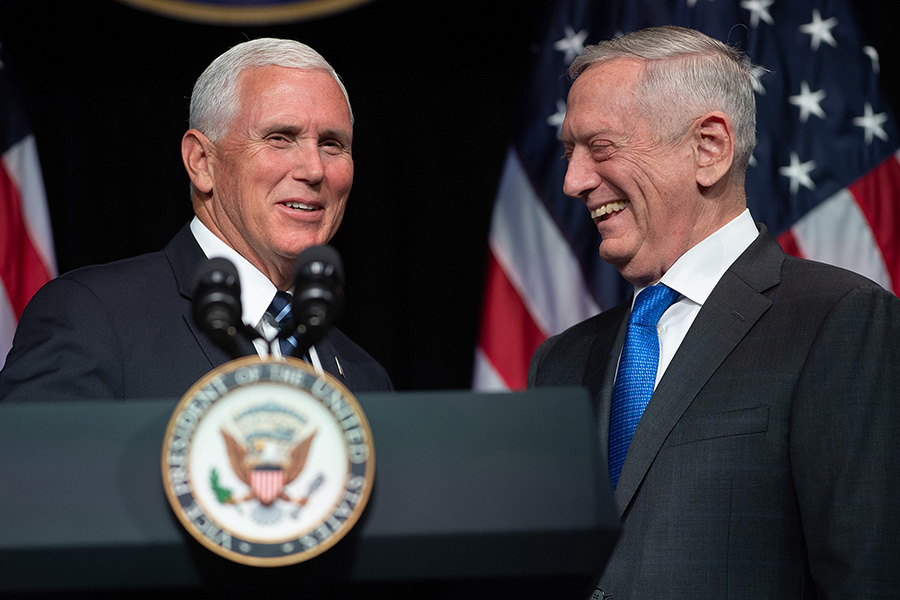 U.S. Secretary of Defense Jim Mattis (R) stands alongside U.S. Vice President Mike Pence, who spoke about administration plans for a new military branch, to be called the Space Force, at the Pentagon on August 9. (Photo: Saul Loeb/AFP/Getty Images)