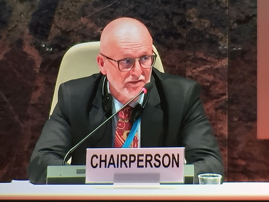 Pedro Luiz Dalcero of Brazil presides as chairman of the session reviewing developments in science and technology related to the Biological Weapons Convention. (Photo: Jenifer Mackby)