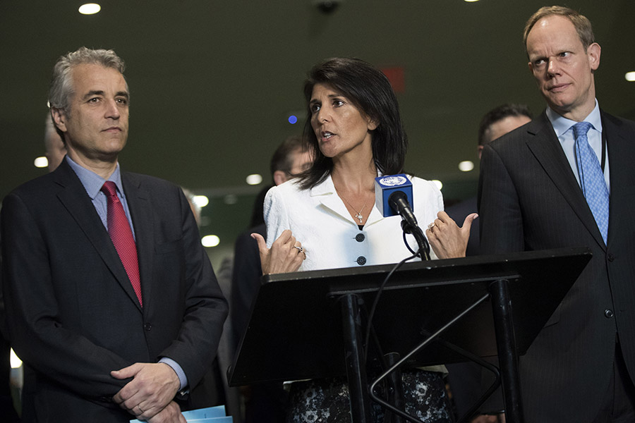 Flanked by French Deputy Representative to the United Nations Alexis Lamek (L) and British Representative to the United Nations Matthew Rycroft (R), U.S. Ambassador to the United Nation Nikki Haley criticizes the negotiations for a nuclear weapons prohibition treaty at United Nations headquarters March 27, 2017. Given U.S. opposition, only one NATO ally, the Netherlands, participated in the negotiations and it voted against the final treaty language. (Photo: Drew Angerer/Getty Images)