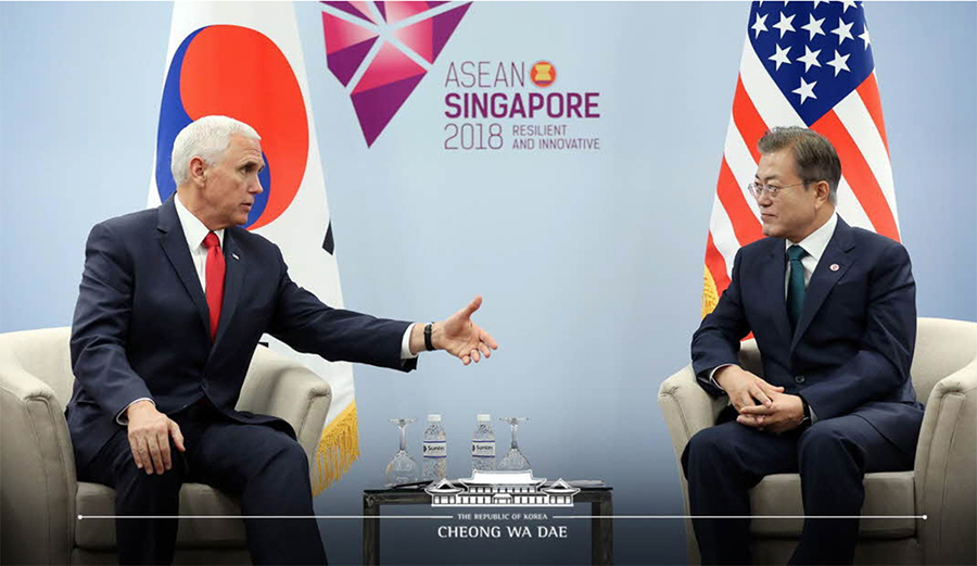 A South Korean government photo taken November 15 shows President Moon Jae-in meeting with U.S. Vice President Mike Pence on the sidelines of the ASEAN summit in Singapore. The South Korean government said the two discussed recent diplomacy with North Korea and preparations for a second meeting between U.S. President Donald Trump and North Korea’s Kim Jong Un. (Photo: South Korean government)