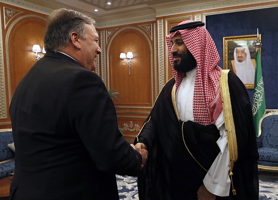 U.S. Secretary of State Mike Pompeo shakes hands with Saudi Crown Prince Mohammed bin Salman during an October 16 visit to Riyadh amid international outrage over the Saudi murder of Washington Post columnist Jamal Khashoggi. The crown prince's alleged role in ordering the killing and his threat to have Saudi Arabia produce nuclear weapons if Iran does so pose new hurdles to concluding a long-delayed U.S.-Saudi civil nuclear cooperation agreement. (Photo: Leah Millis/AFP/Getty Images)