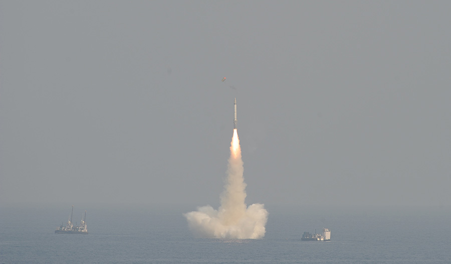 An undated photo shows India testing a submarine-launched ballistic missile system. The missile was launched from a location in the Bay of Bengal, from a depth of 50 meters. The nuclear-capable system was developed to be deployed on INS Arihant.  (Photo: Pallava Bagla/Corbis via Getty Images)