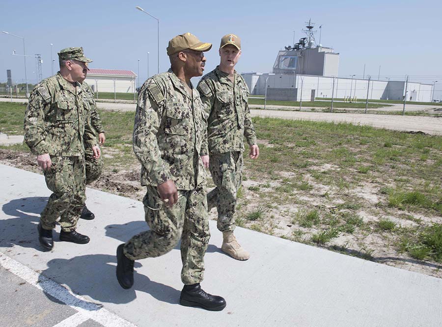 U.S. Rear Admiral Jesse Wilson, Jr. (center), commander of Naval Surface Force Atlantic, tours the Aegis Ashore facility at Deveselu, Romania on April 14. The complex is part of the European Phased Adaptive Approach missile defense system to counter the Iranian ballistic missile threat. (Photo: Jeremy Starr/U.S. Navy/Released)