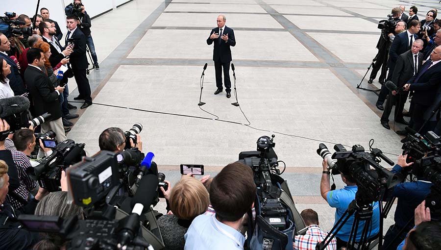 Russian President Vladimir Putin speaks with journalists in Moscow June 7 following his annual televised call-in program. (Photo: Kirill Kudryavtsev/AFP/Getty Images)