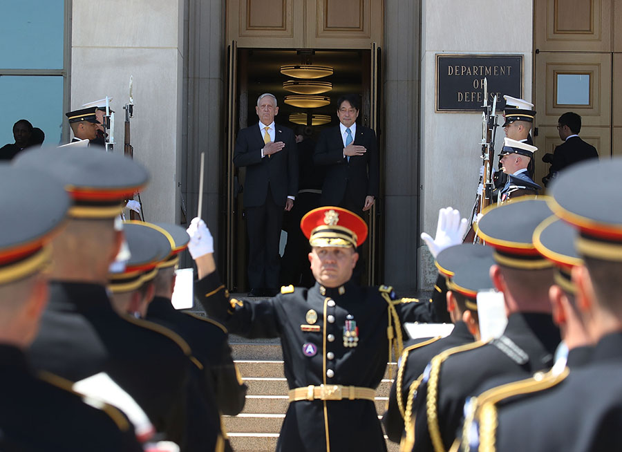 U.S. Secretary of Defense Jim Mattis welcomes Japanese Defense Minister Itsunori Onodera during an honor cordon at the Pentagon on April 20.  (Photo: Mark Wilson/Getty Images)