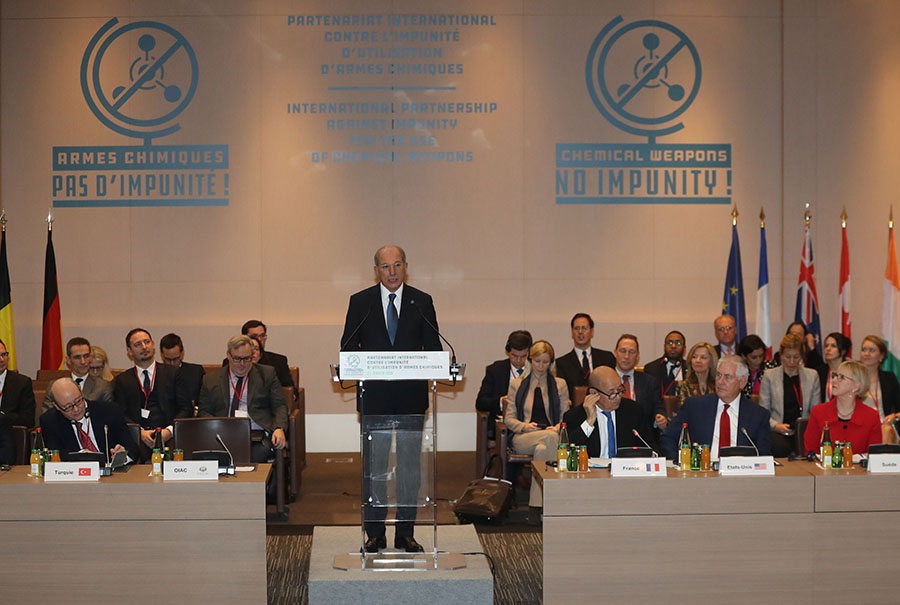 Ahmet Üzümcü, director-general of the Organisation for the Prohibition of Chemical Weapons, speaks January 23 in Paris during a French-led meeting of diplomats from countries seeking to identify and punish those responsible for the prohibited use chemical weapons. (Photo: Jacques Demarthon/AFP/Getty Images)