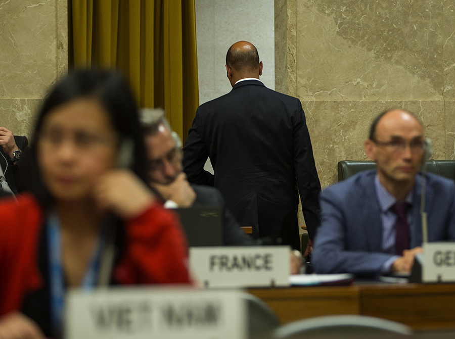U.S. Ambassador Robert Wood walks out during a statement by Syria at the Conference on Disarmament in Geneva on May 29 in protest of Syria’s four-week presidency of the body. (Photo: Eric Bridiers/U.S. Mission)