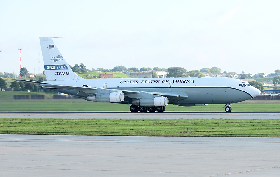 A U.S. Air Force OC-135B aircraft, one of two modified Boeing 707s used for Open Skies flights, prepares to take off September 14, 2018, at Offutt Air Force Base, Nebraska. (Photo: Charles J. Haymond/U.S. Air Force)