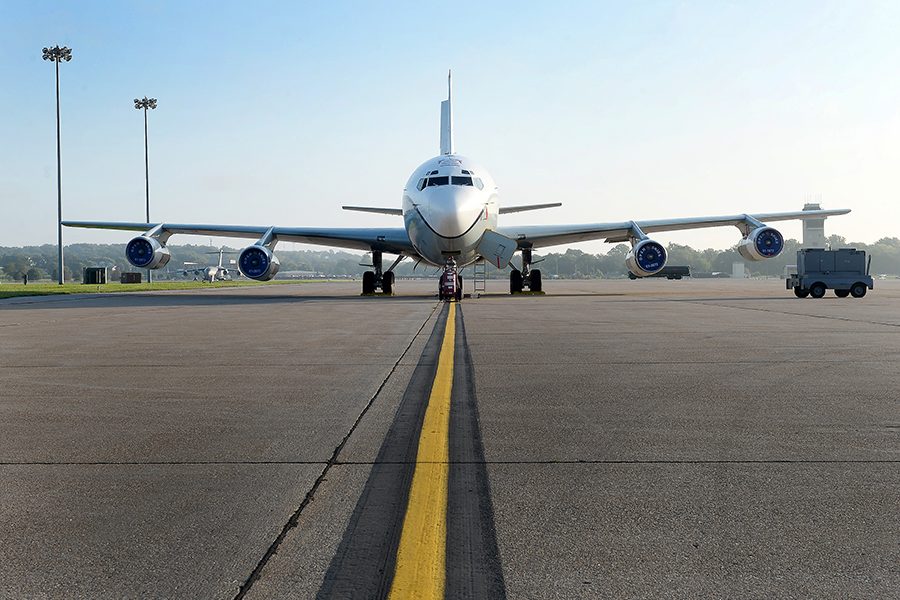 A U.S. Air Force OC-135B Open Skies aircraft parked on a ramp at Offutt Air Force Base, Neb., September 14, 2018. (Photo: U.S. Air Force)