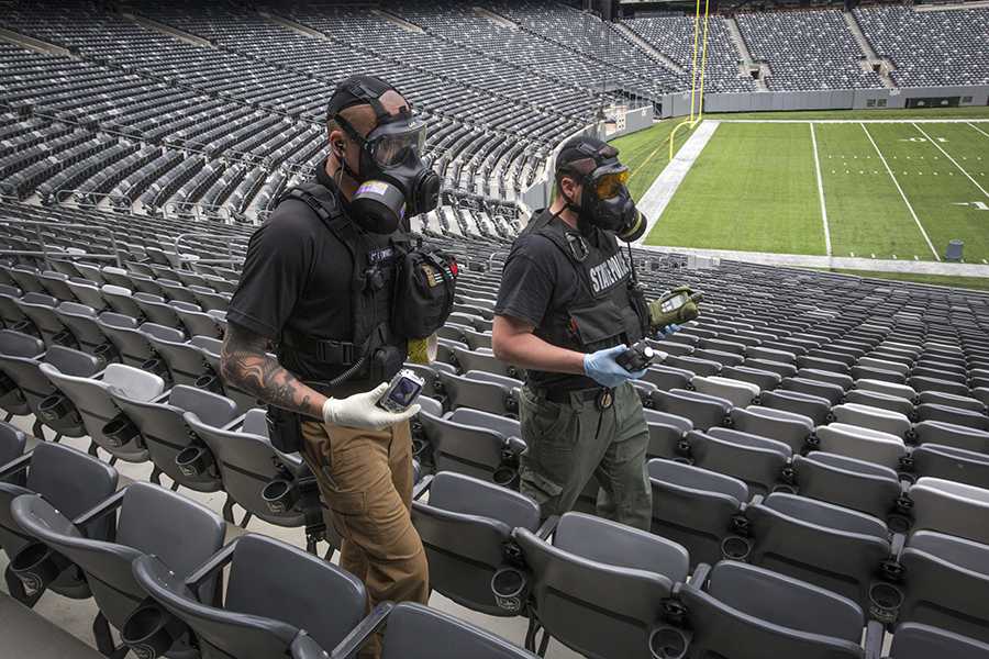 Members of a U.S. Army and New Jersey National Guard Joint Hazard Assessment Team (JHAT) perform a protective WMD sweep of MetLife Stadium in East Rutherford, N.J., May 4, 2018. (Photo: New Jersey National Guard)