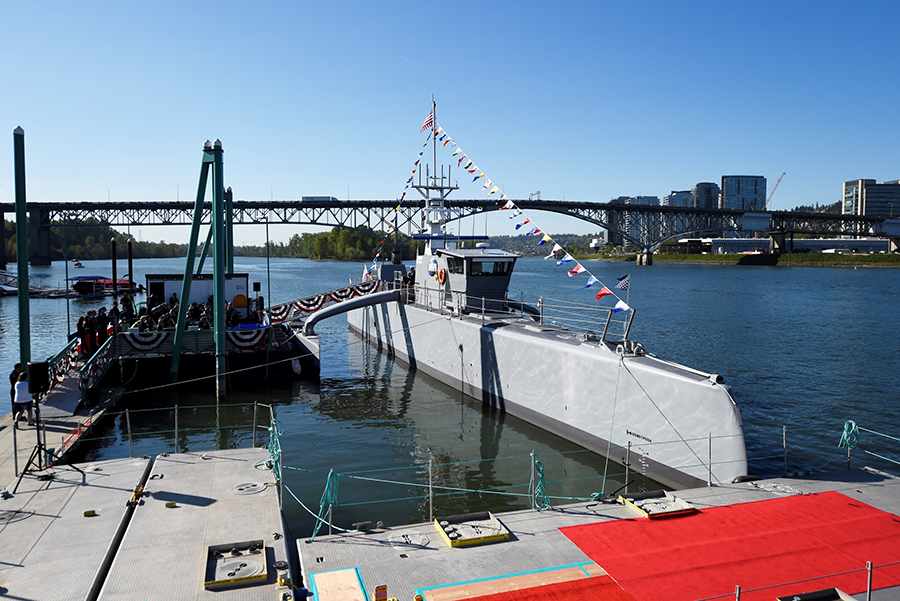 The Anti-Submarine Warfare Continuous Trail Unmanned Vehicle (ACTUV), was christened Sea Hunter April 7, 2016, in Portland, Ore. The Defense Advanced Research Projects Agency ordered the prototype vessel as part of the agency's efforts to develop autonomous, unmanned weapon systems. (Photo: DARPA)