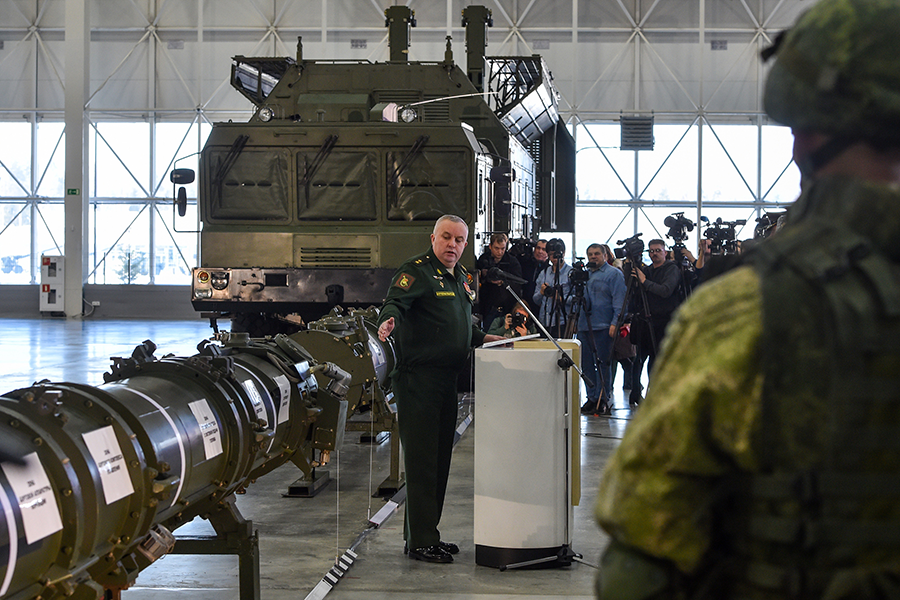 Russia displays a purported canister and launcher for the disputed 9M729 cruise missile January 23. The gesture of transparency may have been intended to demonstrate Russian willingness to save the INF Treaty, but both the United States and Russia suspended their adherence to the treaty several days later. (Photo: Vasily Maximov/AFP/Getty Images)