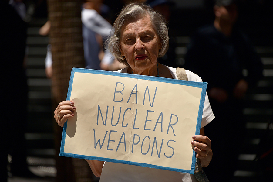 A protester in Sydney in 2018 urges Australia to sign the Treaty on the Prohibition of Nuclear Weapons. The treaty has highlighted public dissatisfaction with the pace of nuclear disarmament. (Photo: Peter Parks/AFP/Getty Images)