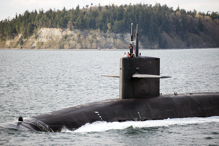 The Ohio-class USS Nebraska submarine returns to port in Washington in 2018.  The Trump administration is seeking funds to complete development of low-yield nuclear warheads for submarine-launched ballistic missiles (Photo: Michael Smith/U.S. Navy) 
