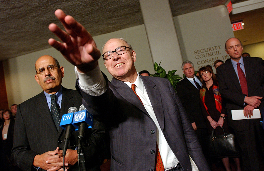 IAEA Director-General Mohamed ElBaradei (left) and Hans Blix, head of the UN Monitoring, Verification and Inspection Commission, meet reporters after briefing the UN Security Council in January 2003 on the status of WMD inspections in Iraq. Their information did not dissuade the U.S.-led coalition from invading Iraq soon after.  (Photo: Spencer Platt/Getty Images)