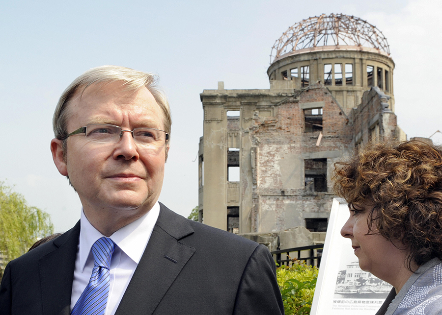 Former Australian Prime Minister Kevin Rudd visits the Atomic Bomb Dome in Hiroshima in 2008. Two years later, Australia and Japan led the creation of the Non-Proliferation and Disarmament Initiative. (Photo: Kazuhiro Nogi/AFP/Getty Images)