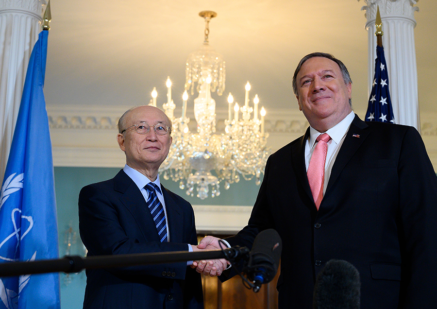 IAEA Director-General Yukiya Amano (left) and U.S. Secretary of State Mike Pompeo meet in Washington, DC, on April 3. During his U.S. visit, Amano described his agency's efforts to monitor Iranian compliance with the 2015 nuclear deal.  (Photo: Andrew Caballero-Reynolds/AFP/Getty Images)