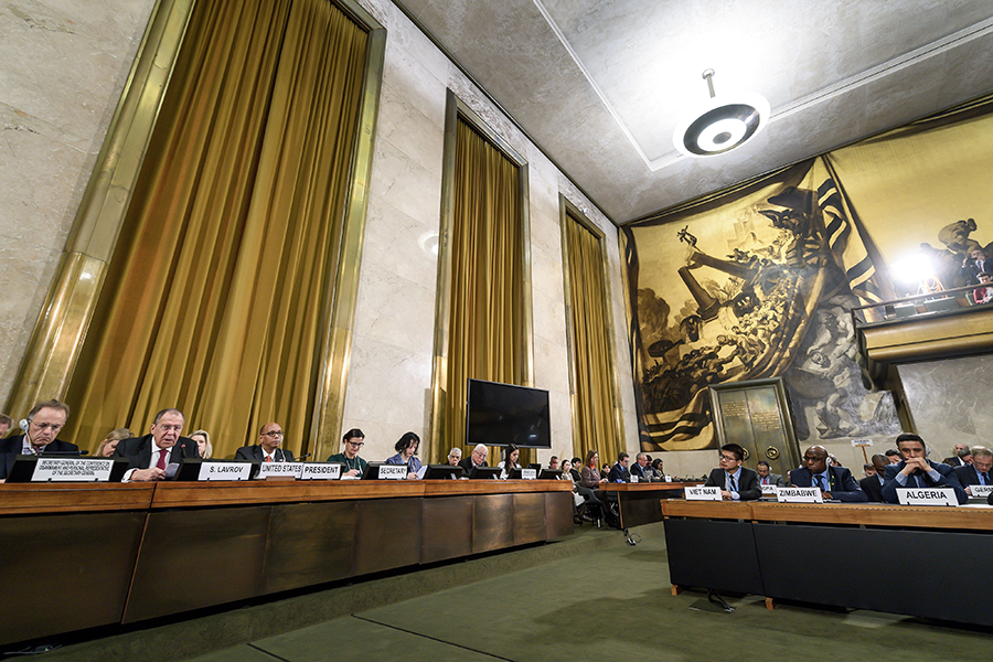 Russian Foreign Minister Sergei Lavrov (second from left) addresses the Conference for Disarmament on March 20.  (Photo: Fabrice Coffrini/AFP/Getty Images)