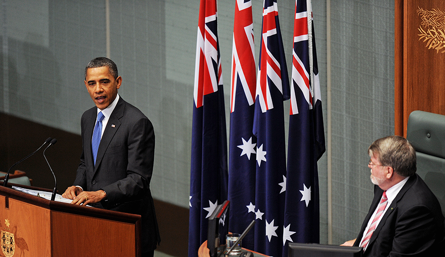 U.S. President Barack Obama addresses the Australian Parliament November 17, 2011 as part of his "pivot to the Pacific" initiative. One consequence of the strategy was intensified military planning with regard to China's military development.  (Photo: Greg Wood/AFP/Getty Images)
