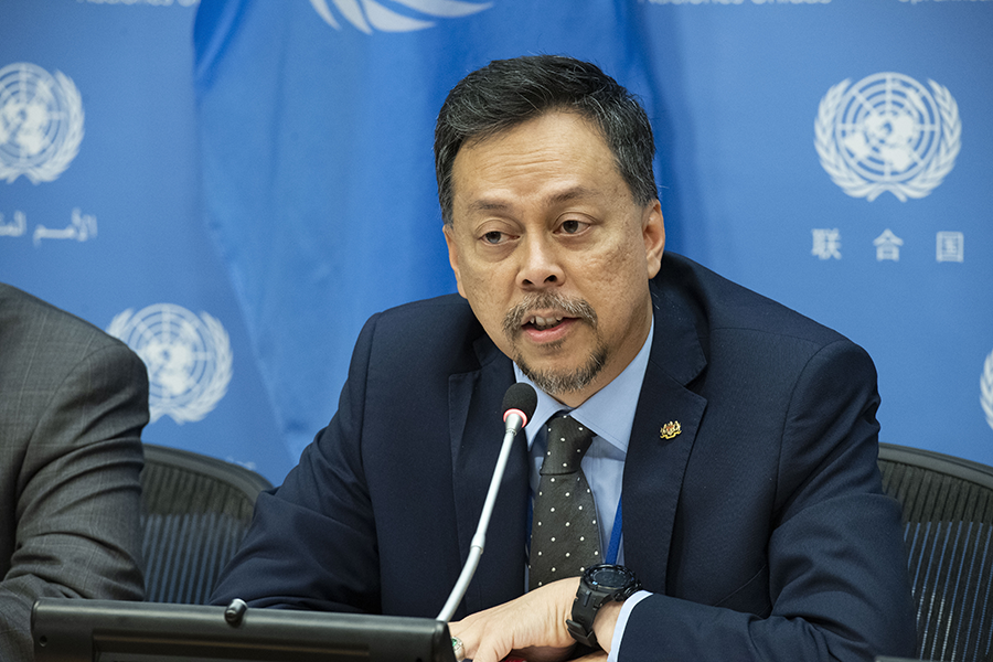 Syed Hussin of Malaysia speaks with reporters on May 10 at the close of the third preparatory meeting for the 2020 NPT Review Conference. (Photo: United Nations)