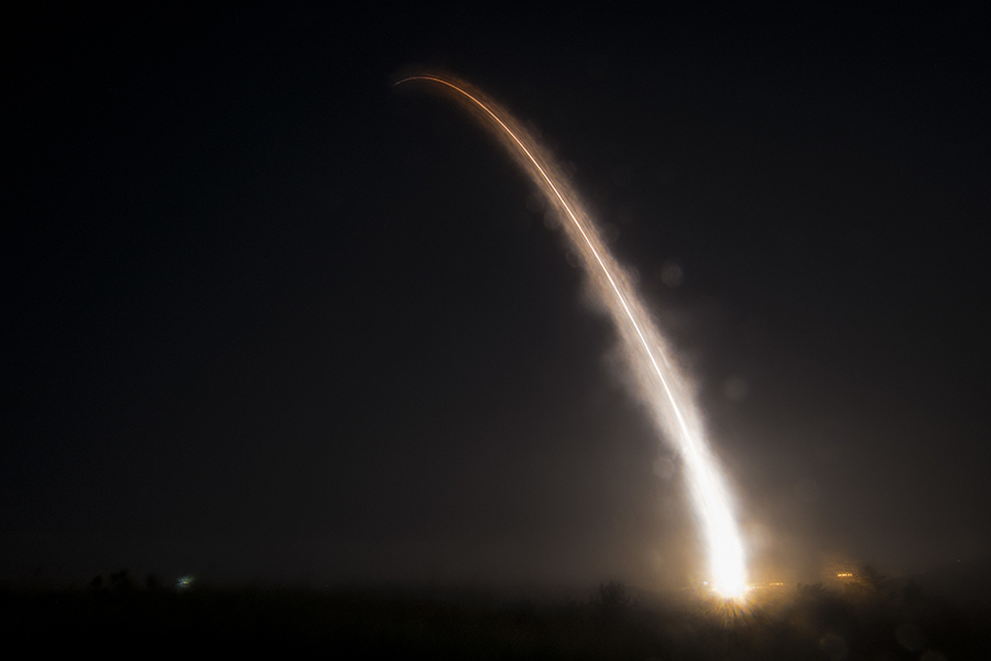 The United States conducts a May 1 test of a Minuteman III ICBM from Vandenberg Air Force Base, Calif. The Pentagon plans to transfer funds from a Minuteman III upgrade program, among other U.S. nuclear weapons activities, to support Trump administration plans to build a wall on the U.S.-Mexican border. (Photo: Aubree Milks/Defense Department)