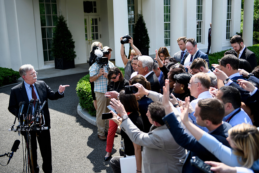 U.S. National Security Advisor John Bolton speaks to reporters at the White House April 30. Bolton has linked any Iranian expansion of enrichment activities to a deliberate attempt to shorten the breakout time to produce nuclear weapons.  (Photo: Brendan Smialowski/AFP/Getty Images)