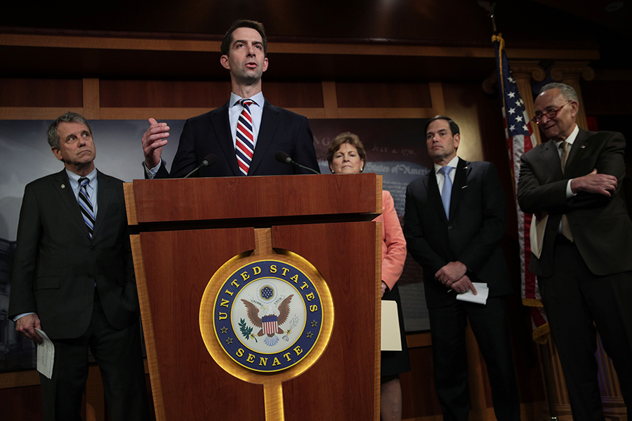 Sen. Tom Cotton (R-Ark.), speaks at the U.S. Capitol April 4. With Sen. Marco Rubio (R-Fla.) and two other senators, Cotton asked President Donald Trump in March to consider “unsigning” the Comprehensive Test Ban Treaty. (Photo: Alex Wong/Getty Images)