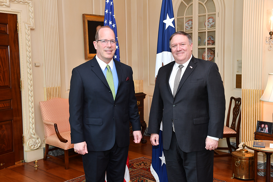 Assistant Secretary of State Christopher Ford (left), shown here at his 2018 swearing-in ceremony with Secretary of State Mike Pompeo, has led the U.S. initiative “Creating an Environment for Nuclear Disarmament.” (Photo: Michael Gross/State Department)