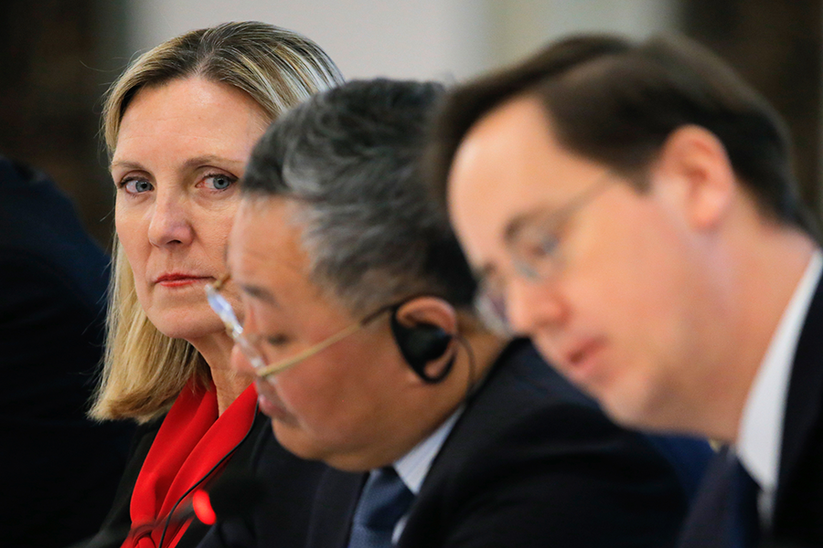 From left to right, Andrea Thompson of the United States, Fu Cong of China, and Nicolas Roche of France attend a Jan. 31 panel discussion following a P5 nuclear powers meeting in Beijing. P5 representatives could not agree to reaffirm the Reagan-Gorbachev Cold War motto: “A nuclear war cannot be won and must never be fought.” (Photo: Thomas Peter/AFP/Getty Images)