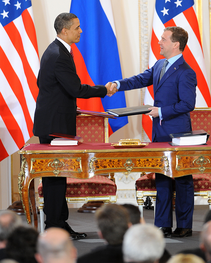 U.S. President Barack Obama (left) and Russian President Dmitry Medvedev shake hands after signing the New Strategic Arms Reduction Treaty in Prague on April 8, 2010. If the treaty expires in 2021, there will be no negotiated limits on U.S. and Russian nuclear weapons. (Photo: Joe Klamar/AFP/Getty Images)