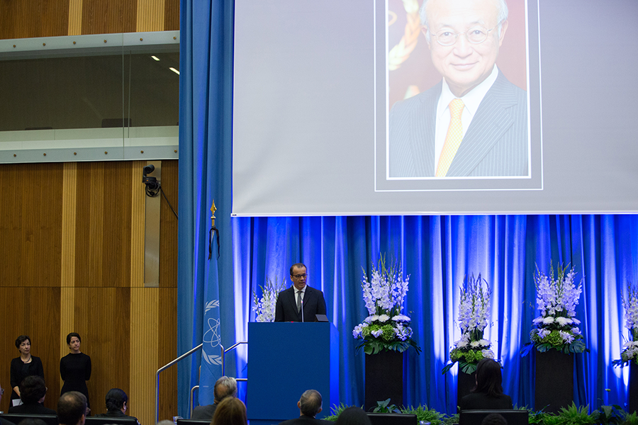 Cornel Feruta, the IAEA's acting director general, speaks at a tribute to former Director-General Yukiya Amano on Aug. 21. (Photo: IAEA)