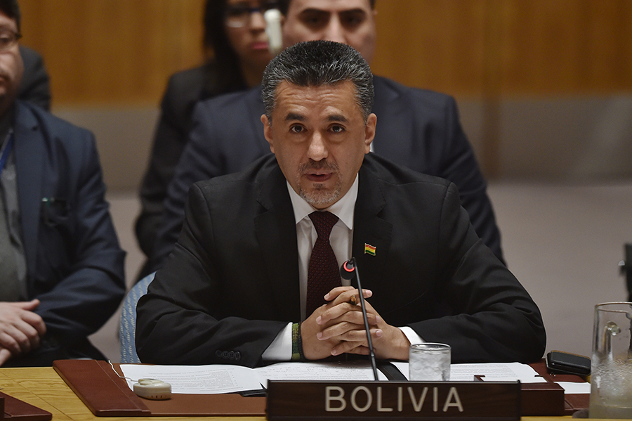 Sacha Sergio Llorenti, Bolivian ambassador to the United Nations, speaks at UN headquarters in 2018.  The diplomat deposited Bolivia's ratification of the Treaty for the Prohibition  of Nuclear Weapons to the United Nations on Aug. 6, marking the halfway point in the ratifications needed for the treaty's entry into force. (Photo: Hector Retamal/AFP/Getty Images)