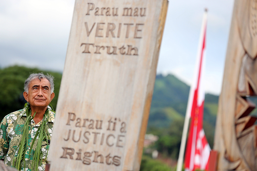 Former president of French Polynesia Oscar Temaru attends a 2014 ceremony at a nuclear test victim memorial in Papeete, the capital of French Polynesia.  A new law has moved France toward recognizing the toll of nuclear testing on Polynesian residents. (Photo: Gregory Boissy/AFP/Getty Images)