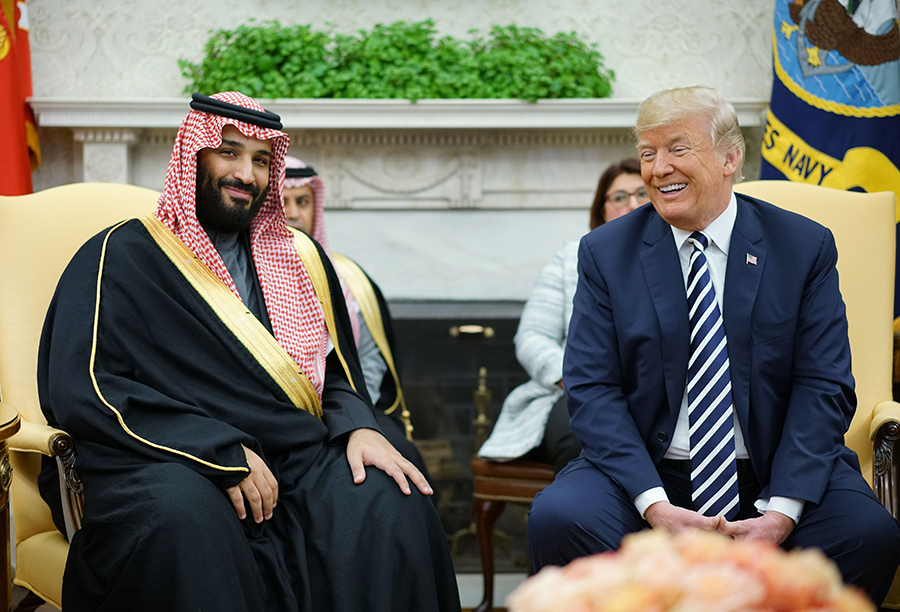 Saudi Arabian Crown Prince Mohammed bin Salman (left) meets U.S. President Donald Trump in the White House on Mar. 20, 2018. During his Washington visit, bin Salman told CBS news that "if Iran developed a nuclear bomb, we will follow suit as soon as possible.” (Photo: Mandel Ngan/AFP/Getty Images)