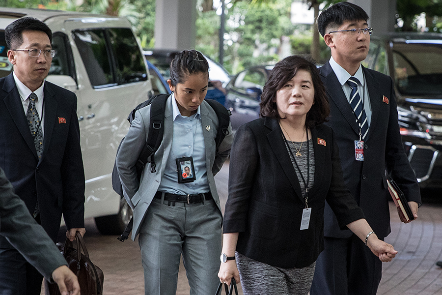 Choe Son Hui, North Korea's vice foreign minister (second from right), arrives for talks with U.S. officials one day before the June 12, 2019, summit between the United States and North Korea in Singapore. Choe recently expressed interest in resuming working-level talks. (Photo: Chris McGrath/Getty Images)