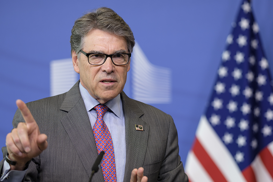 U.S. Energy Secretary Rick Perry speaks with reporters in May. He has delivered a letter to Saudi officials demanding they agree to refrain from enriching uranium or separating plutonium in exchange for peaceful U.S. nuclear technology. (Photo by Thierry Monasse/Getty Images)