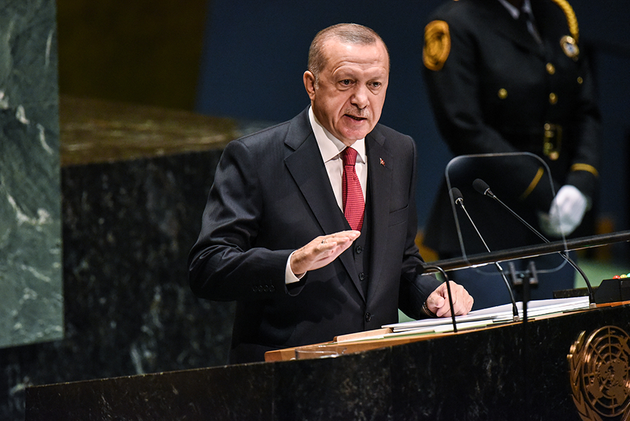 Turkish President Recep Tayyip Erdogan speaks at the UN General Assembly on Sept. 24, 2019. Earlier in the month, he suggested that Turkey may be interested in acquiring nuclear weapons. (Photo by Stephanie Keith/Getty Images)