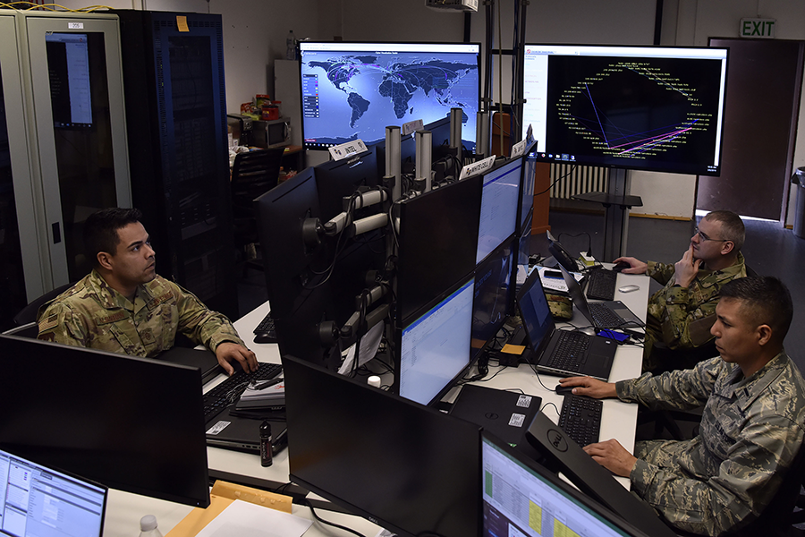 U.S. servicemen conduct a defensive cyberoperations exercise at Ramstein Air Base, Germany, on March 8.  (U.S. Air Force photo by Master Sgt. Renae Pittman)