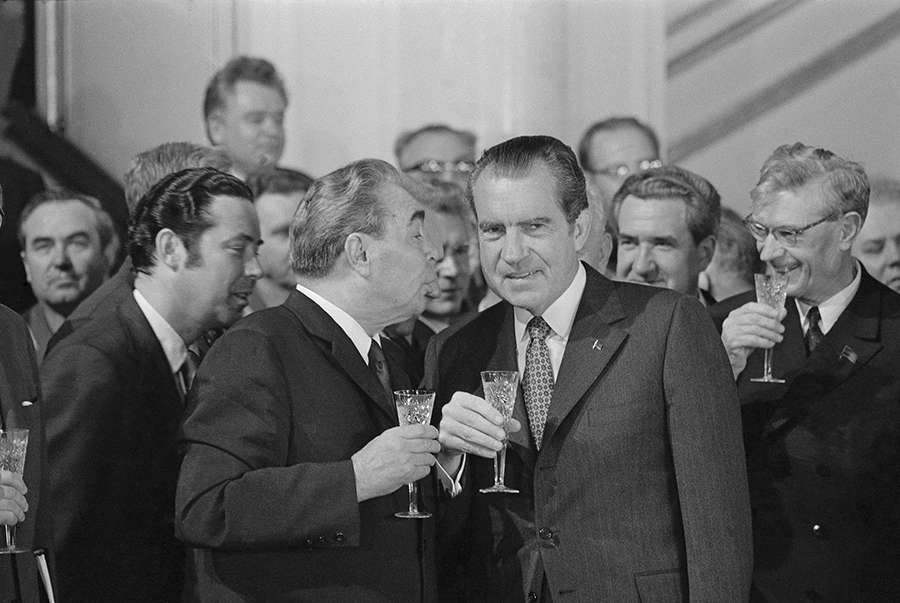 Soviet leader Leonid Brezhnev (left) and U.S. President Richard Nixon celebrate their signatures of the agreements resulting from the Strategic Arms Limitation Talks on May 26, 1972.  The talks opened 50 years ago, on November 17, 1969. (Photo: Getty Images.)